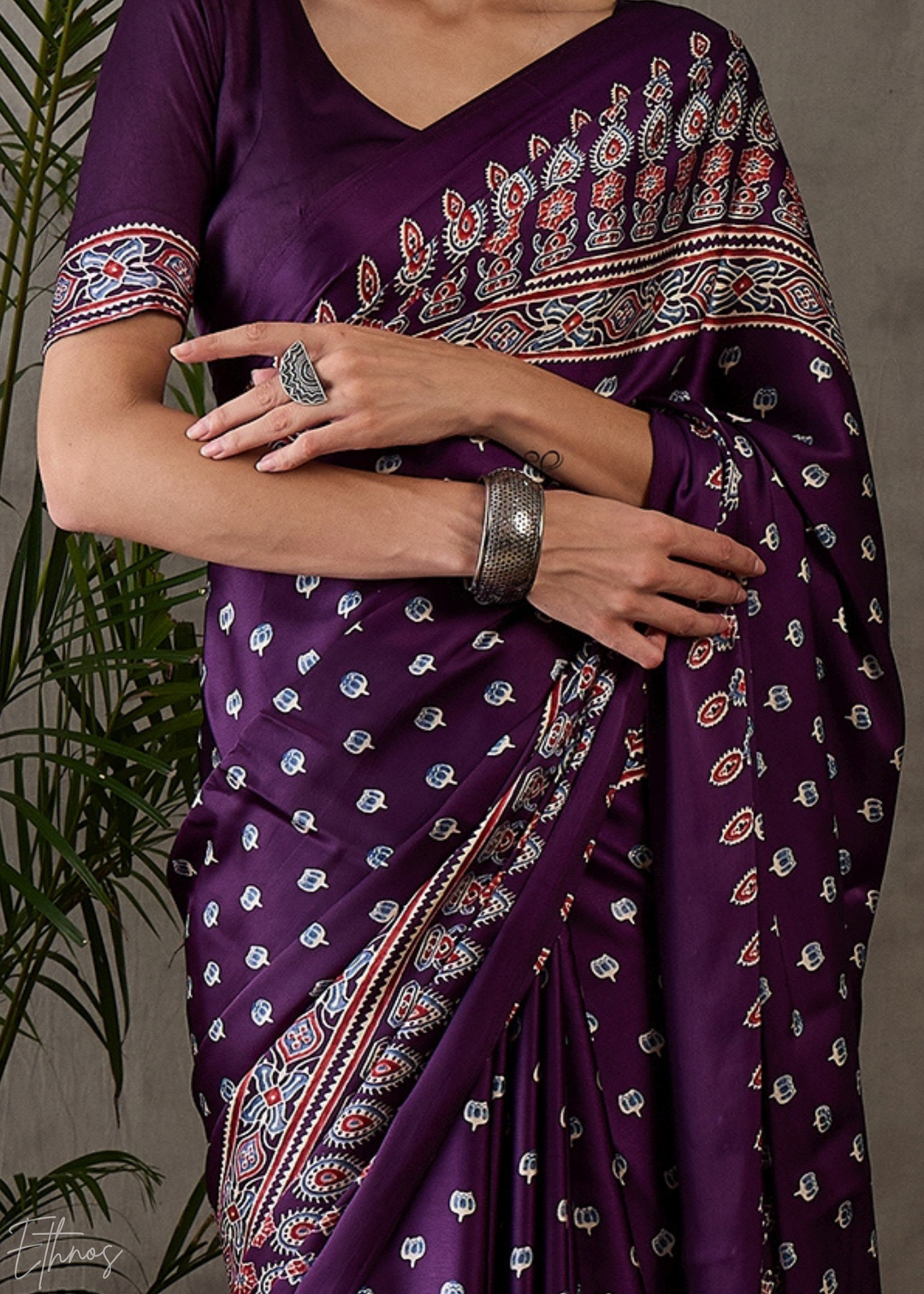 Imperial Plum Ornate Tessellation Semi-Modal Silk Saree