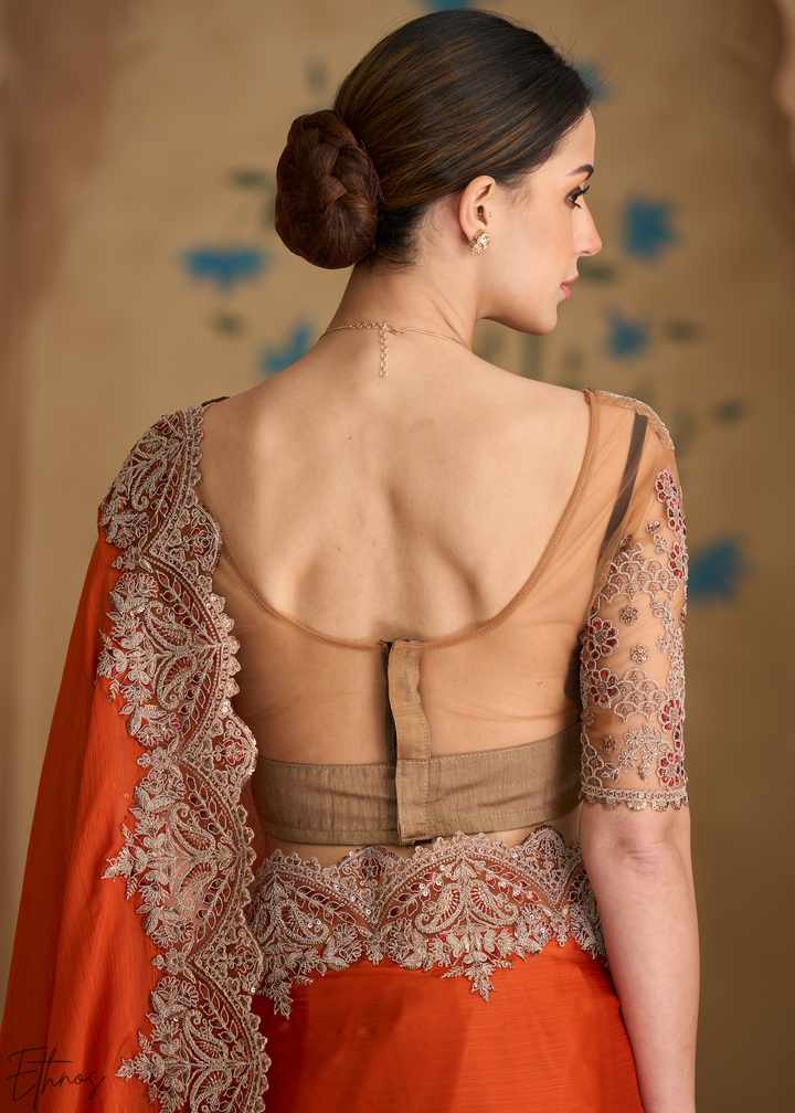 Rust Orange Sleek Border Satin Chiffon Saree