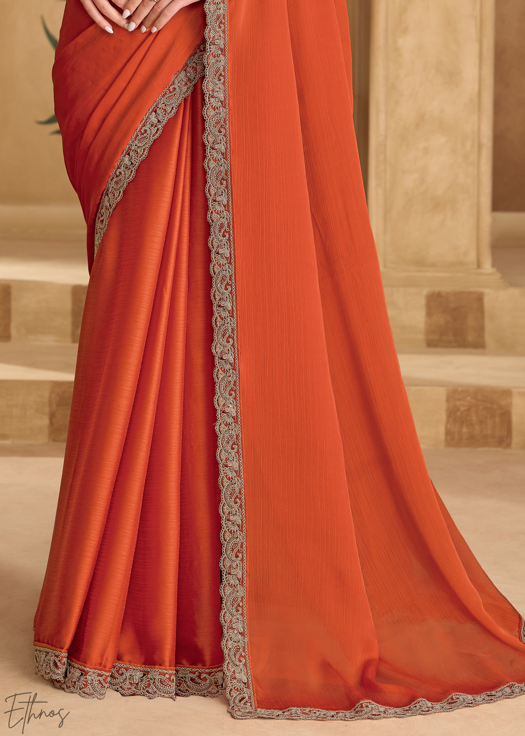 Rust Orange Sleek Border Satin Chiffon Saree