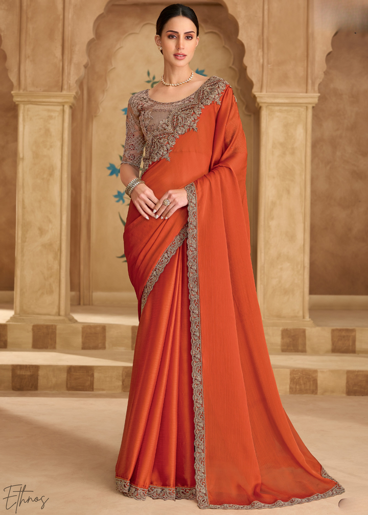 Rust Orange Sleek Border Satin Chiffon Saree