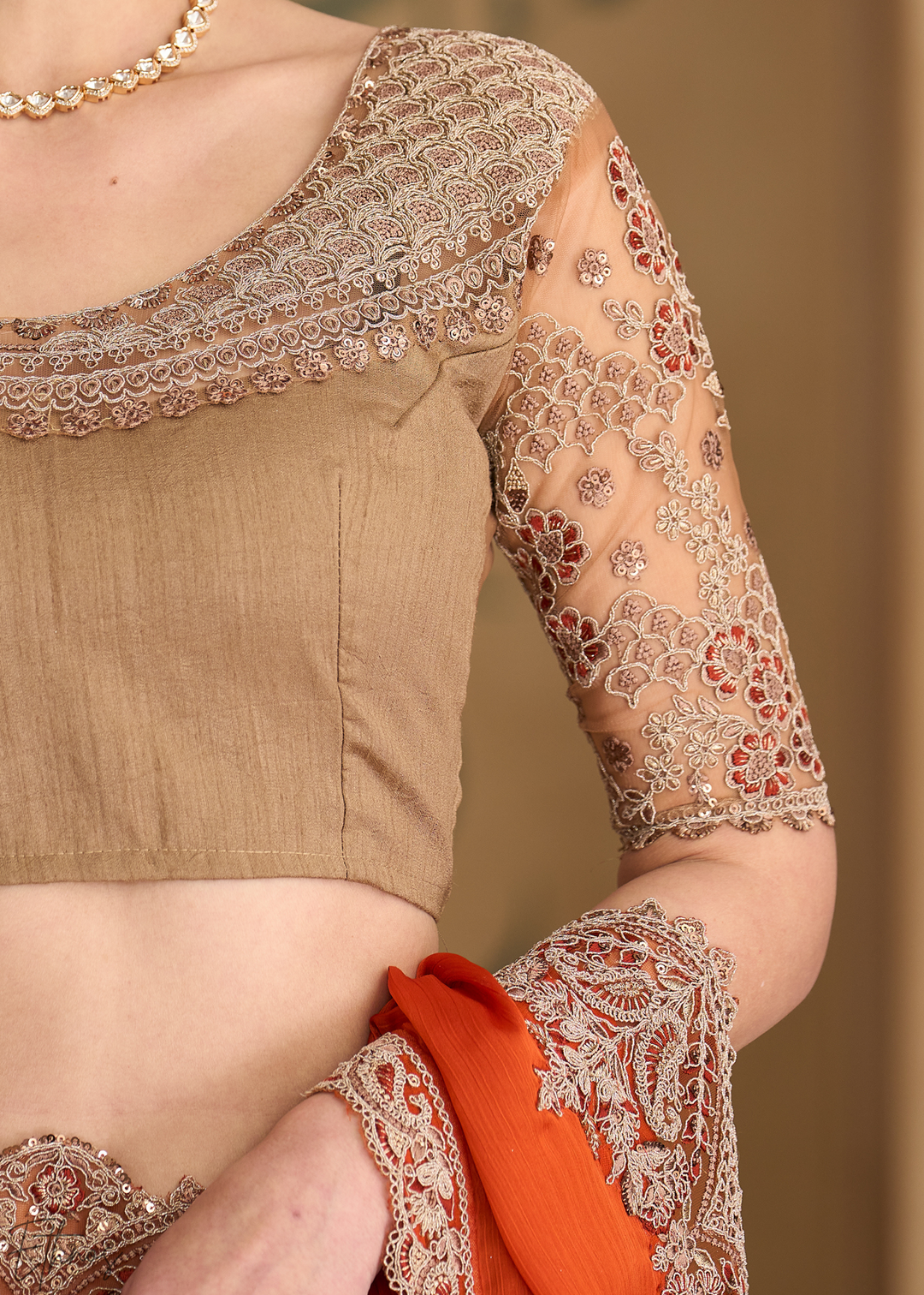 Rust Orange Sleek Border Satin Chiffon Saree