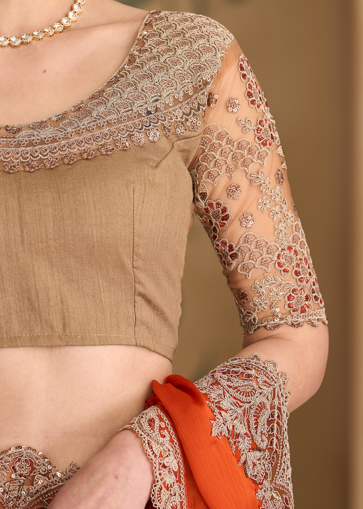 Rust Orange Sleek Border Satin Chiffon Saree