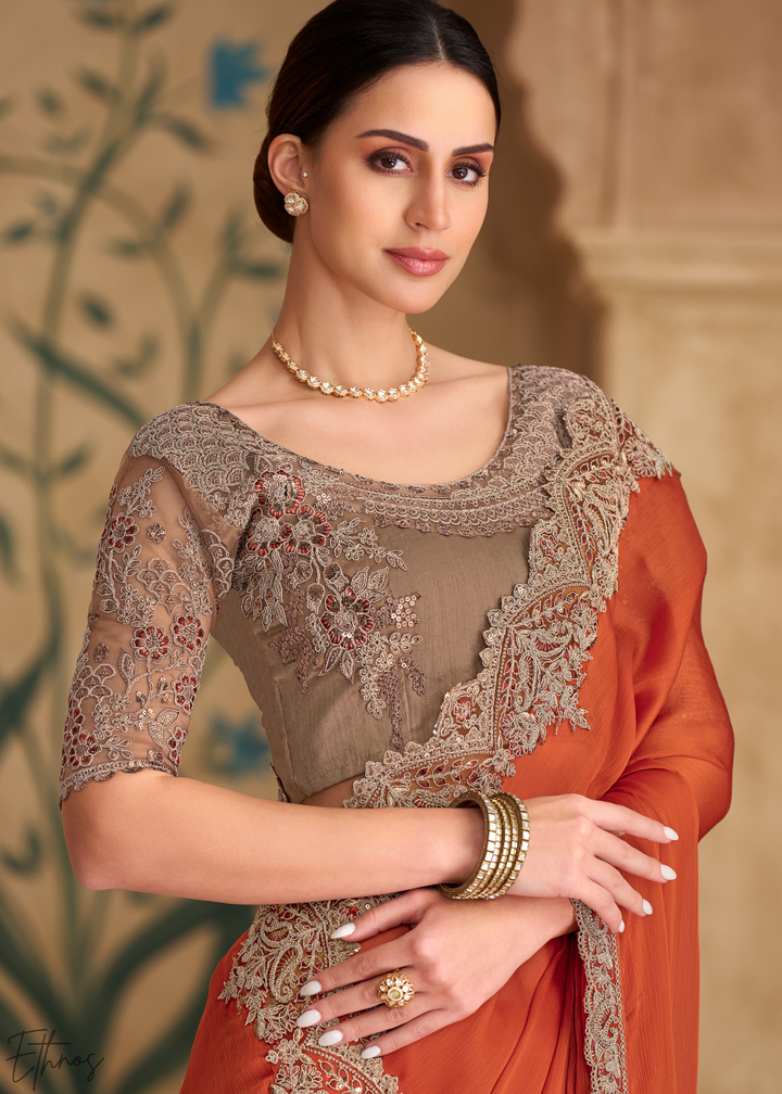 Rust Orange Sleek Border Satin Chiffon Saree