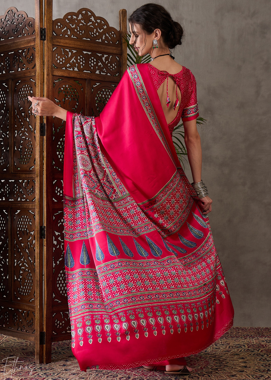 Spiced Crimson  Mandala Print Satin Silk Saree