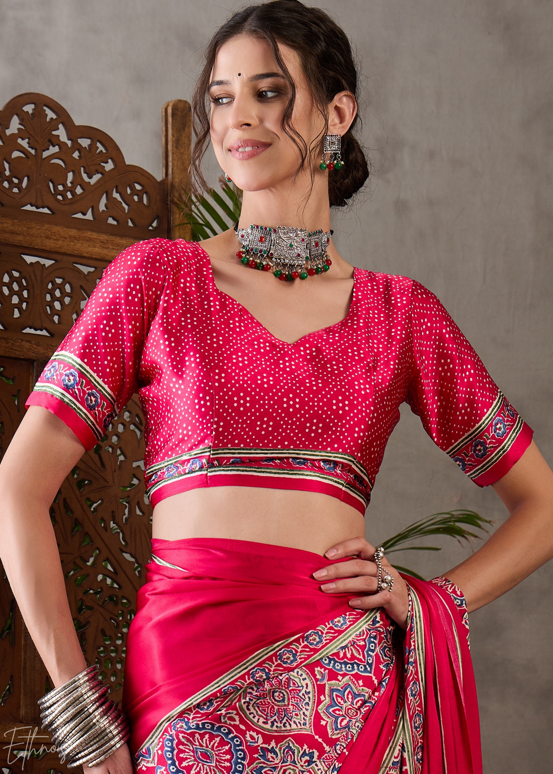 Spiced Crimson  Mandala Print Satin Silk Saree