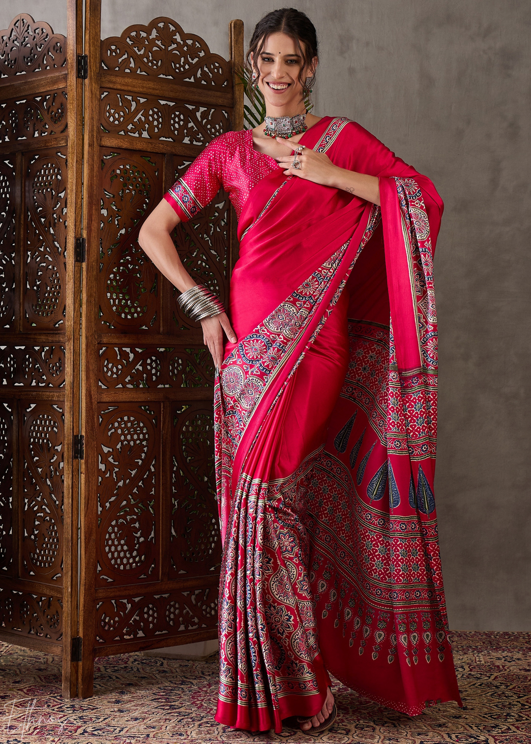 Spiced Crimson  Mandala Print Satin Silk Saree