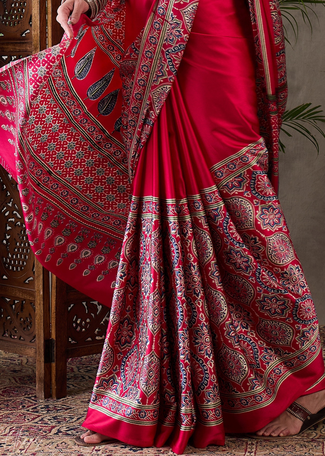 Spiced Crimson  Mandala Print Satin Silk Saree