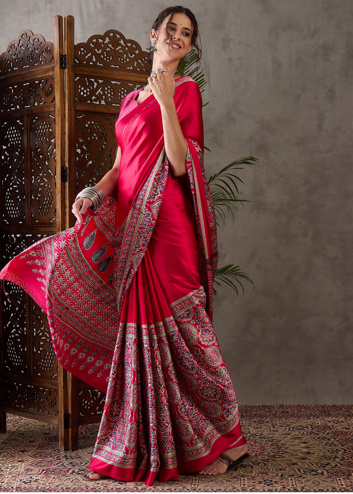 Spiced Crimson  Mandala Print Satin Silk Saree