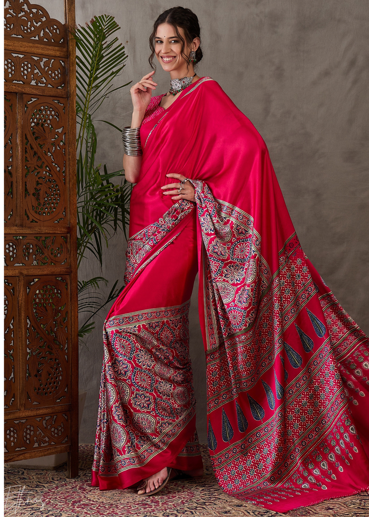 Spiced Crimson  Mandala Print Satin Silk Saree