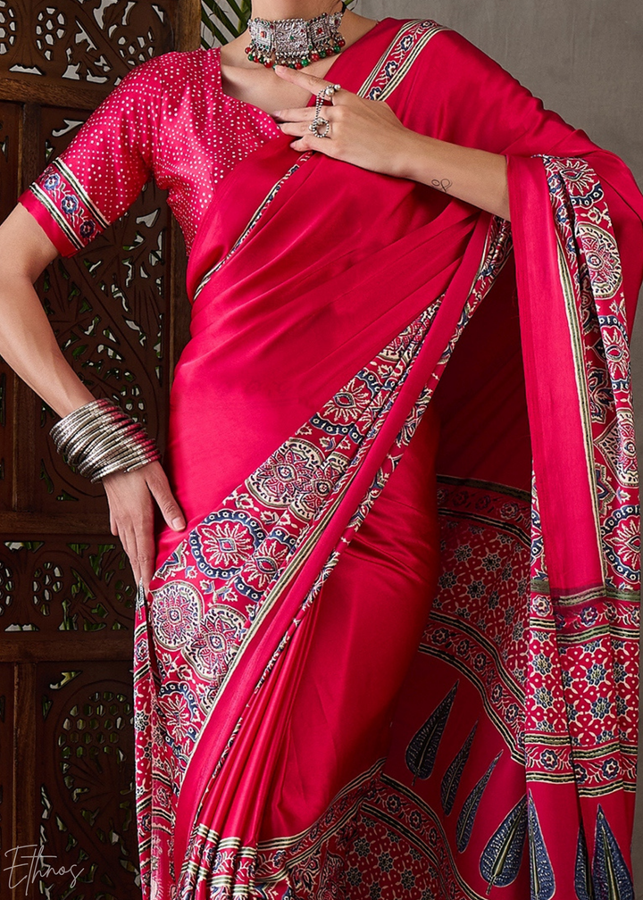 Spiced Crimson  Mandala Print Satin Silk Saree
