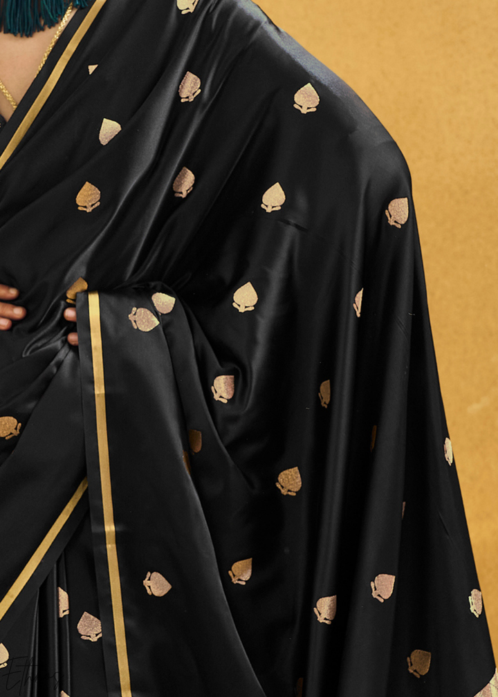 Midnight Obsidian Leheriya Chevron Satin Saree
