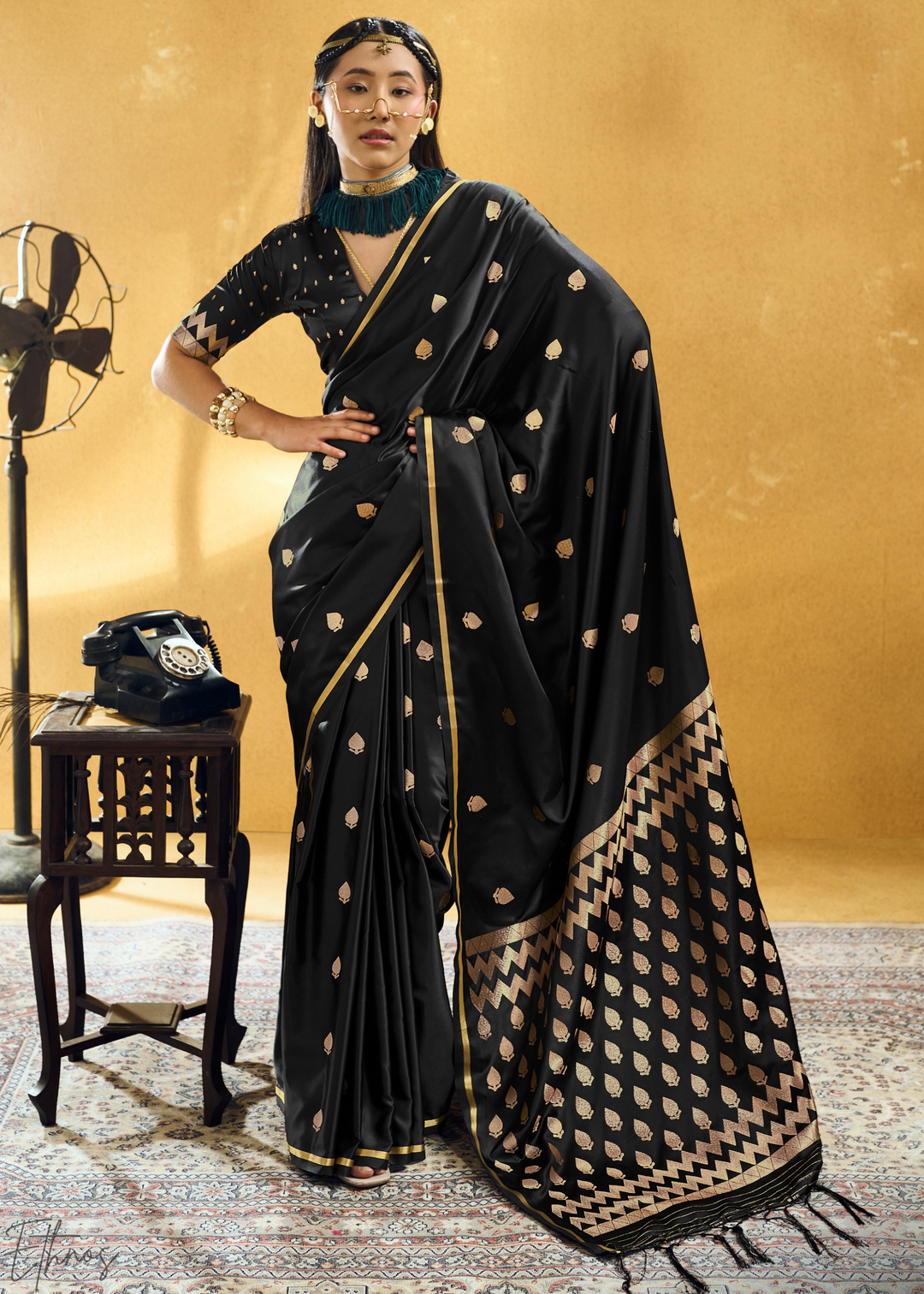 Midnight Obsidian Leheriya Chevron Satin Saree