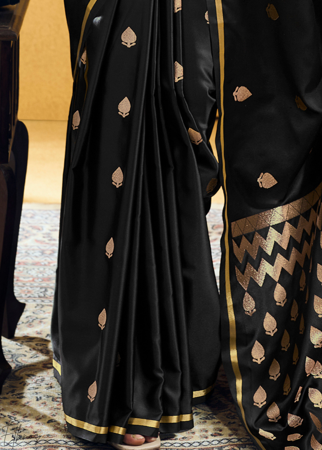 Midnight Obsidian Leheriya Chevron Satin Saree