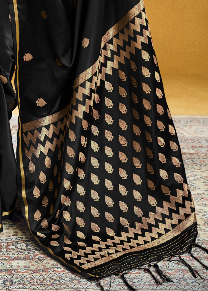 Midnight Obsidian Leheriya Chevron Satin Saree