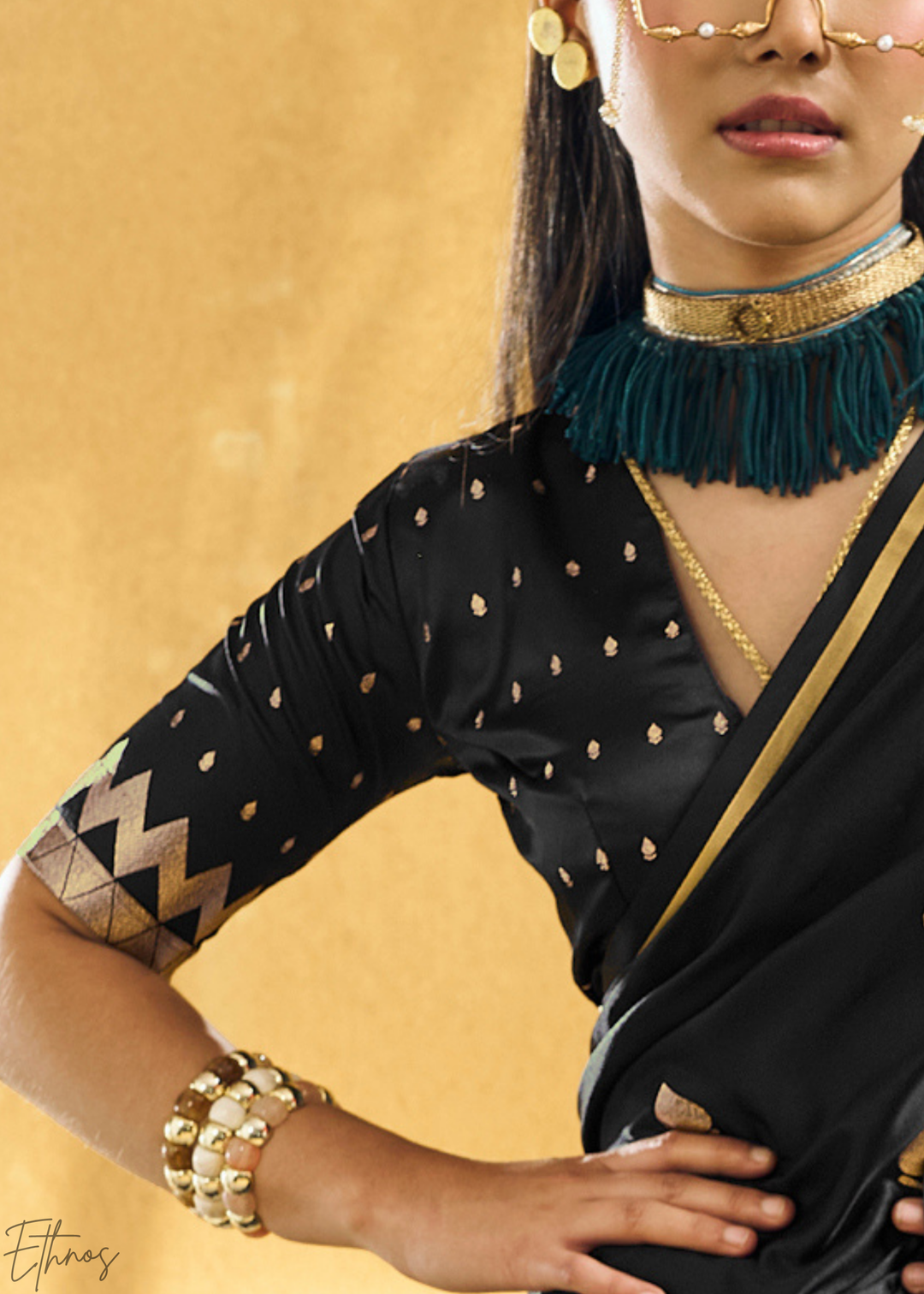 Midnight Obsidian Leheriya Chevron Satin Saree
