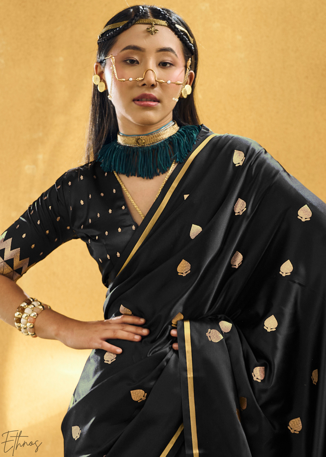 Midnight Obsidian Leheriya Chevron Satin Saree