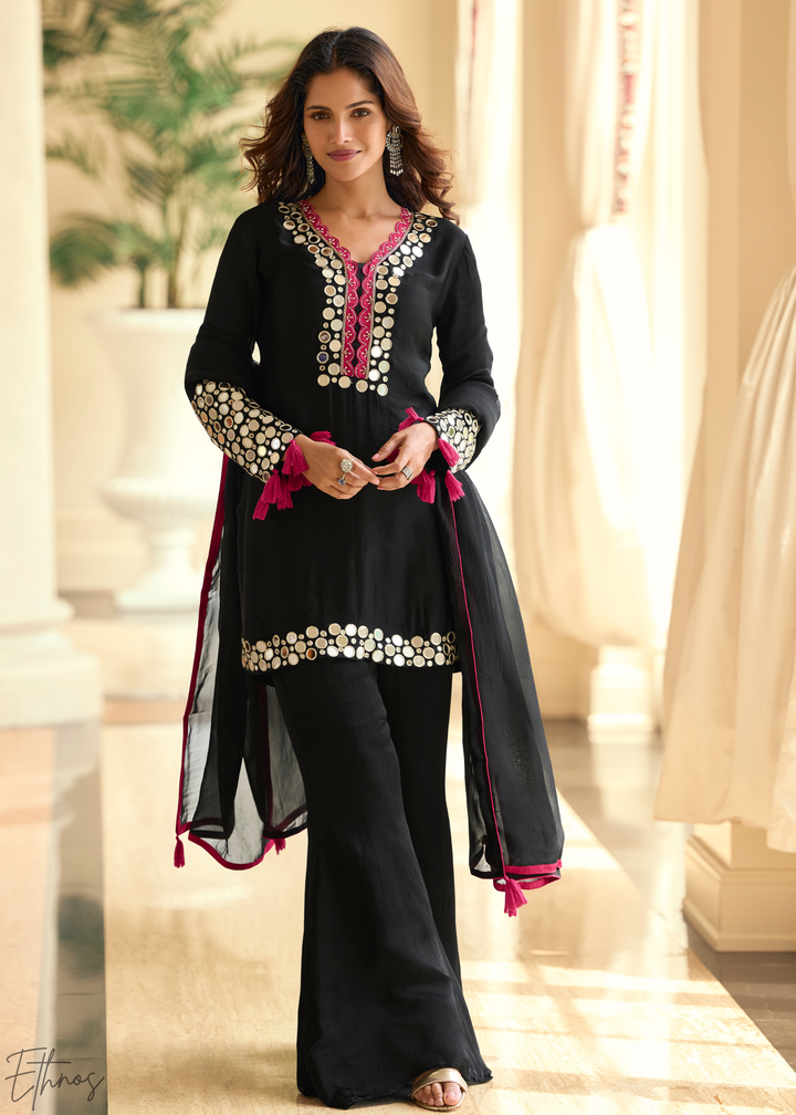 Midnight Onyx Mirror Silk Palazzo Suit