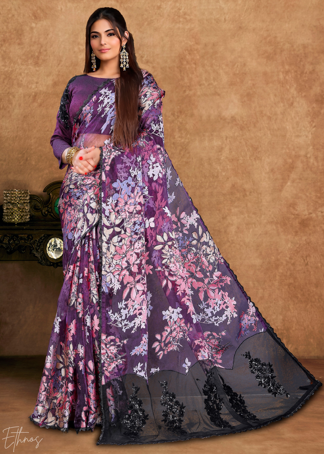 Midnight Violet Sequin Embroidered Organza Satin Saree