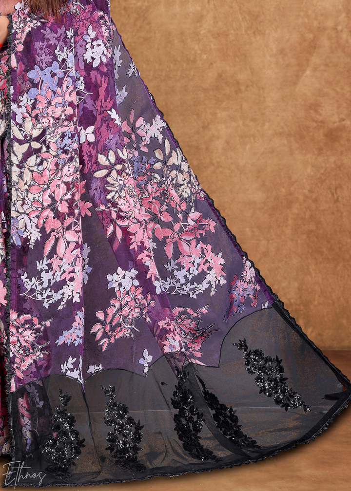 Midnight Violet Sequin Embroidered Organza Satin Saree