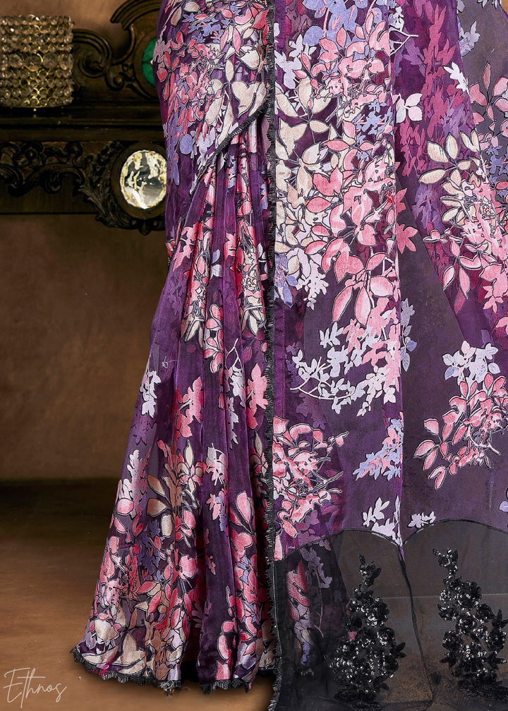 Midnight Violet Sequin Embroidered Organza Satin Saree