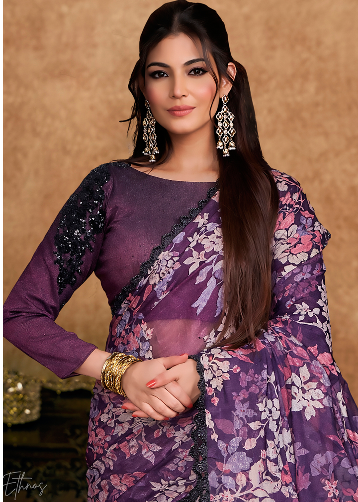 Midnight Violet Sequin Embroidered Organza Satin Saree