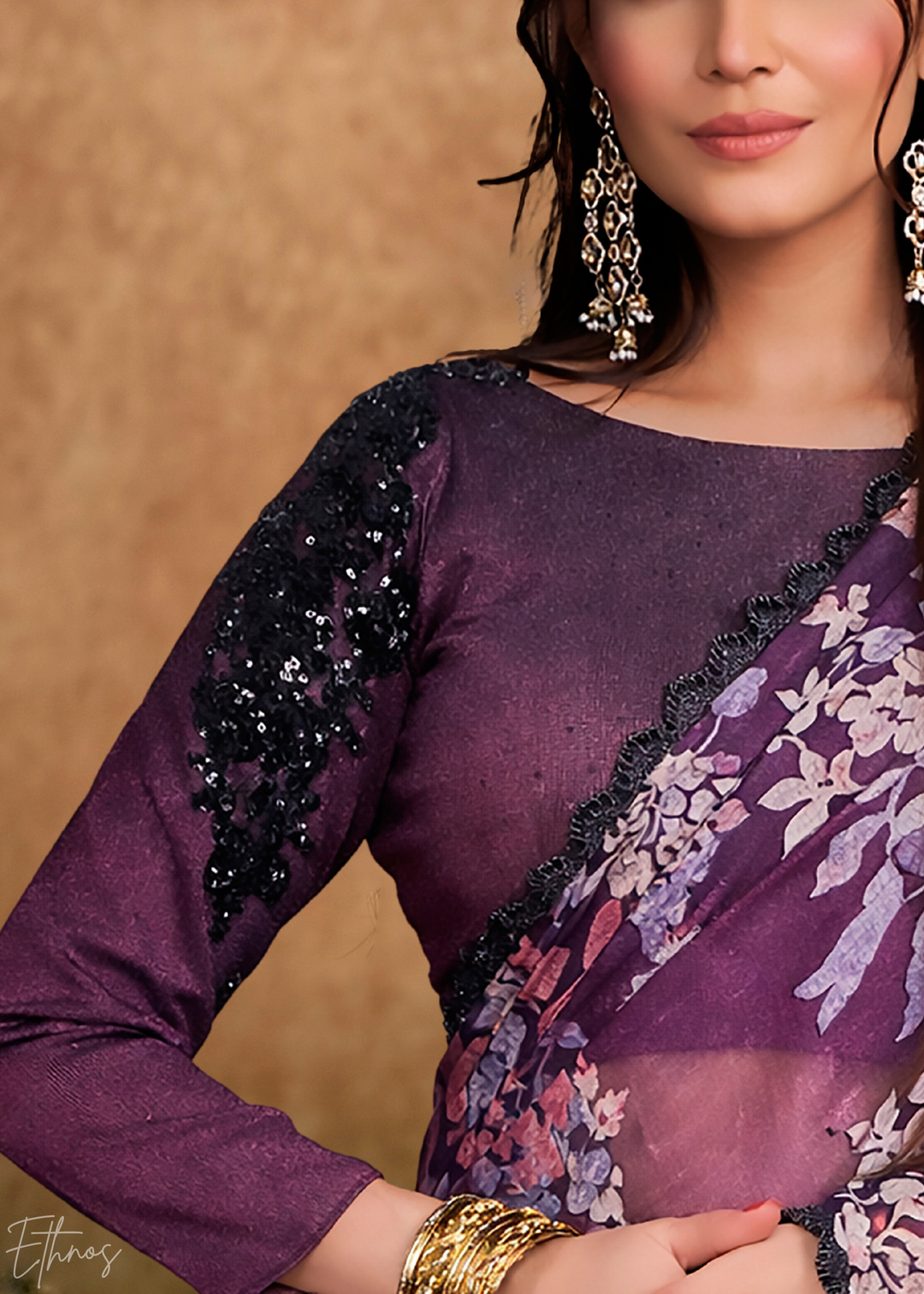 Midnight Violet Sequin Embroidered Organza Satin Saree
