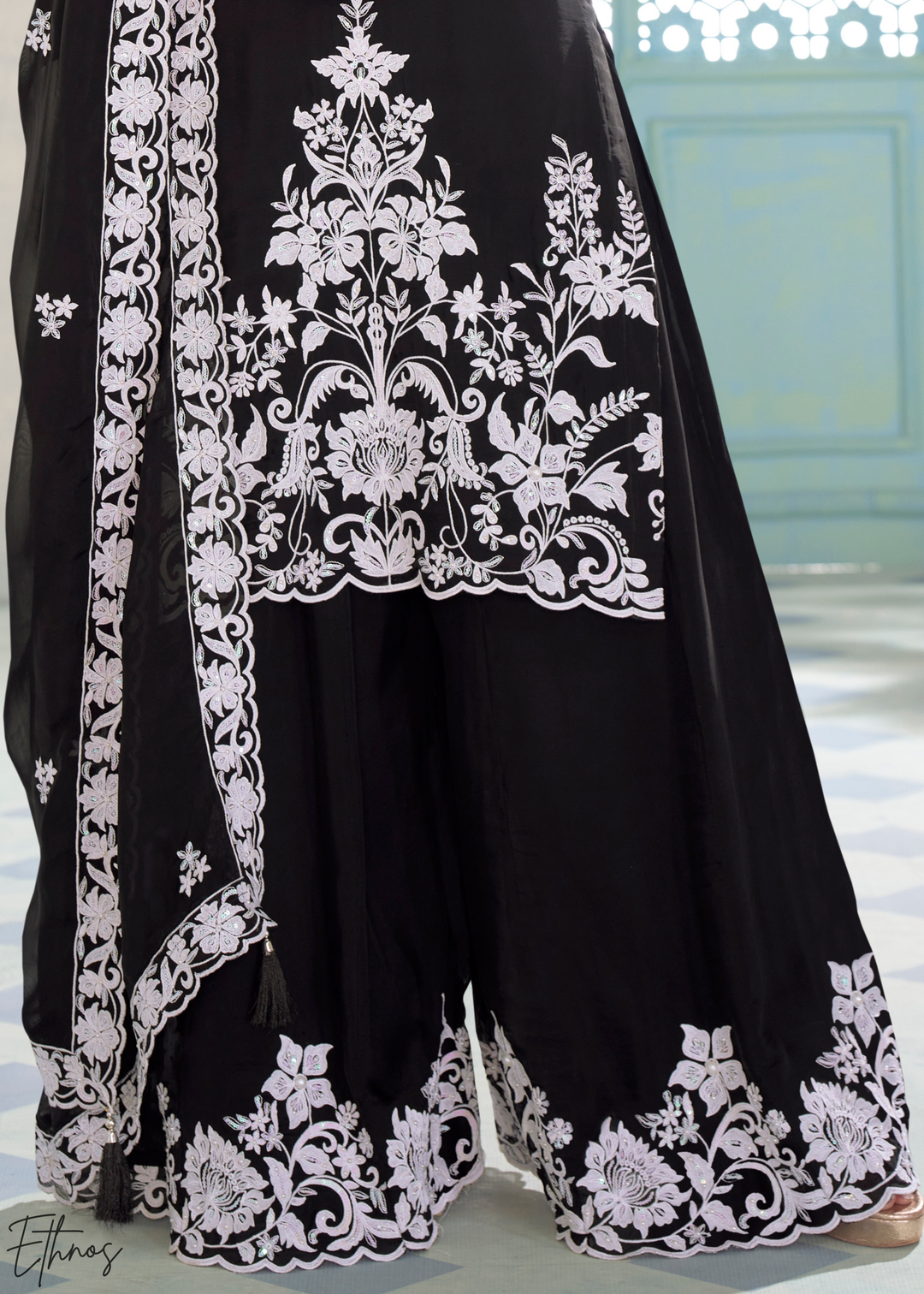 Midnight Black Chinon Embroidery Palazzo Salwaar Suit