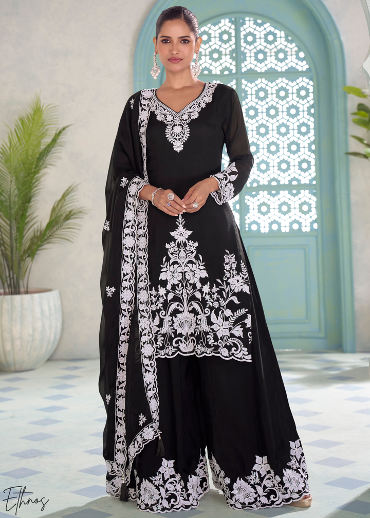 Midnight Black Chinon Embroidery Palazzo Salwaar Suit
