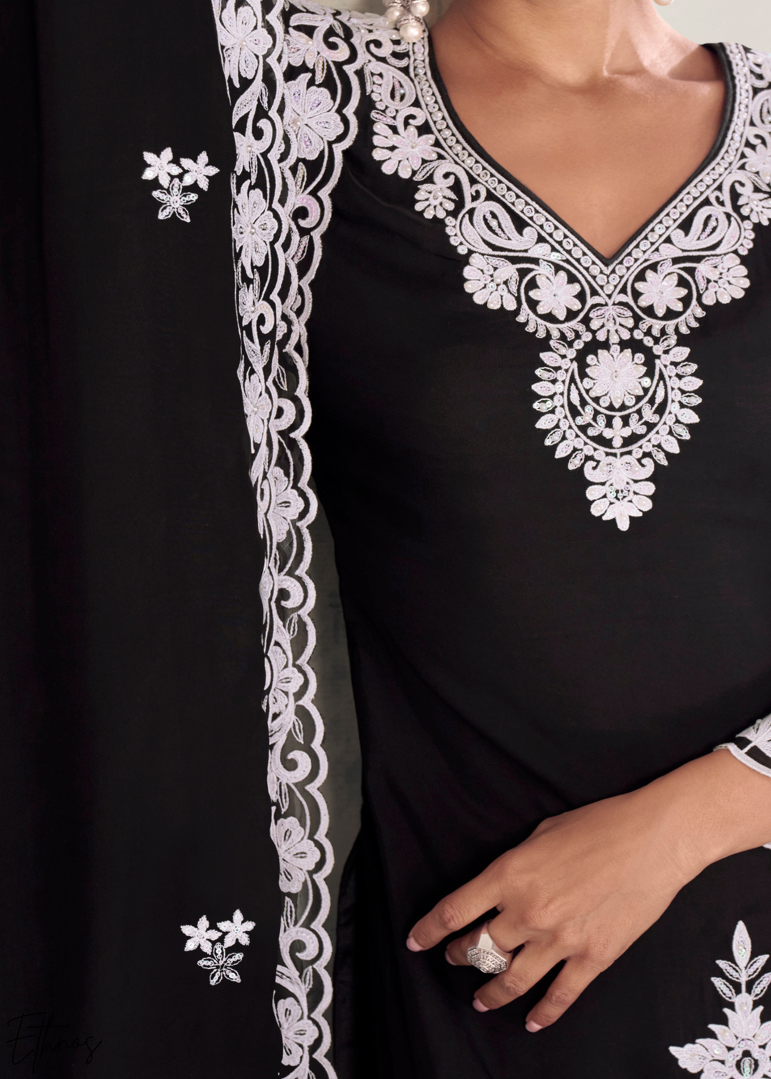Midnight Black Chinon Embroidery Palazzo Salwaar Suit