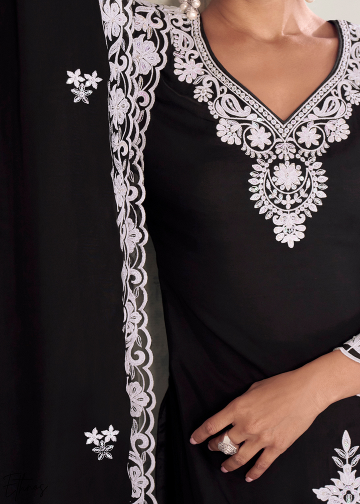 Midnight Black Chinon Embroidery Palazzo Salwaar Suit