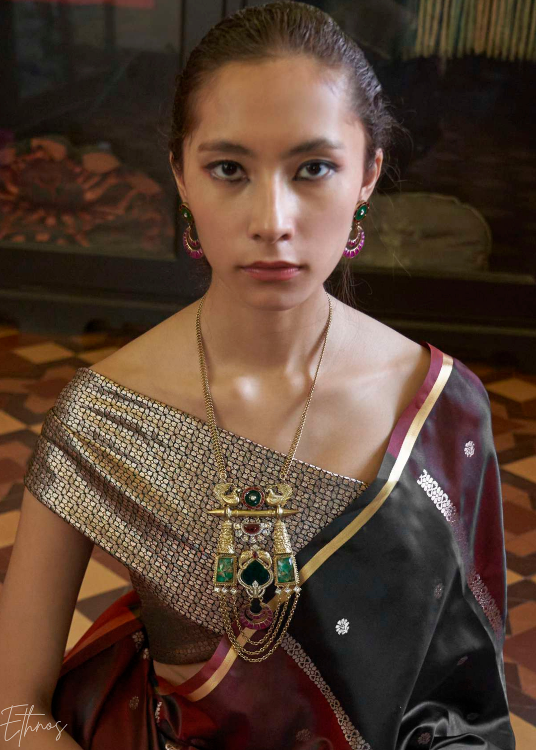Midnight Black & Rich Maroon Geometric Rangkat Satin Saree