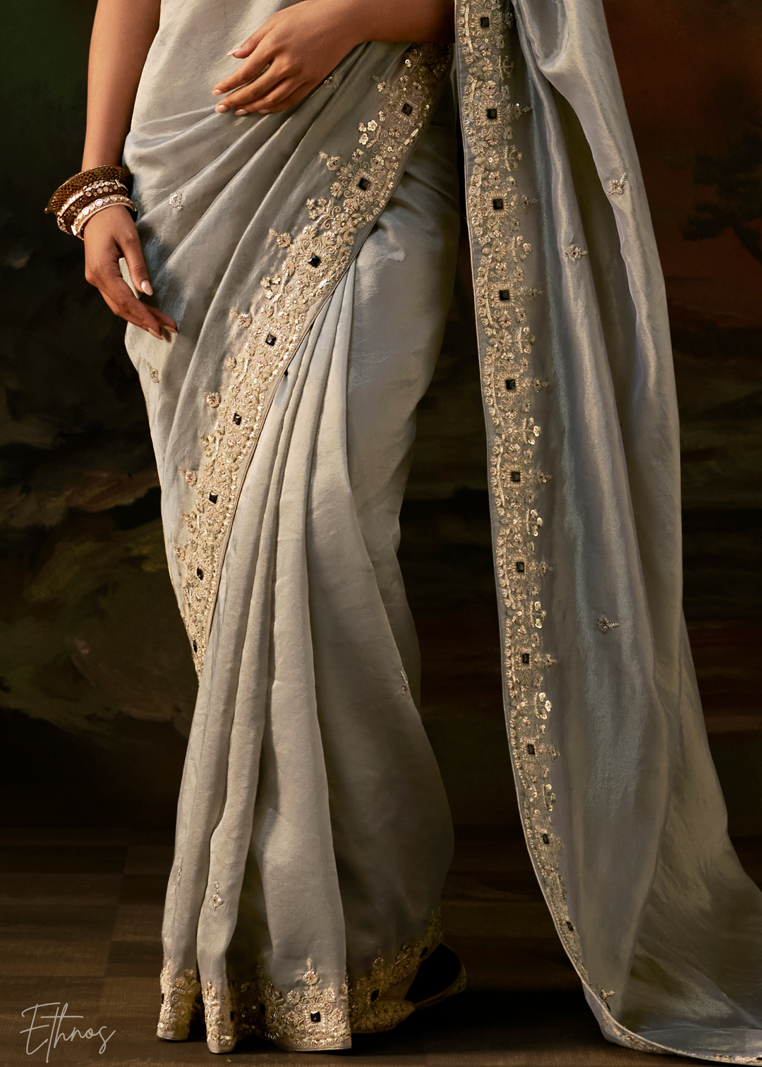 Mineral Silver Tambour Embroidered Border Tissue Saree