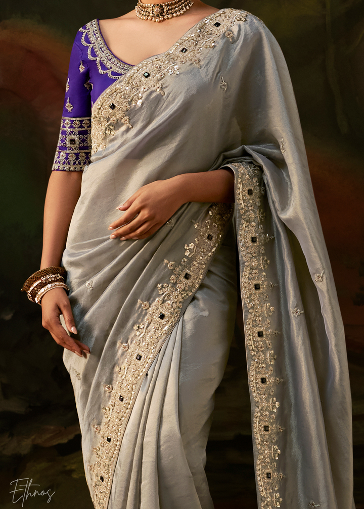 Mineral Silver Tambour Embroidered Border Tissue Saree