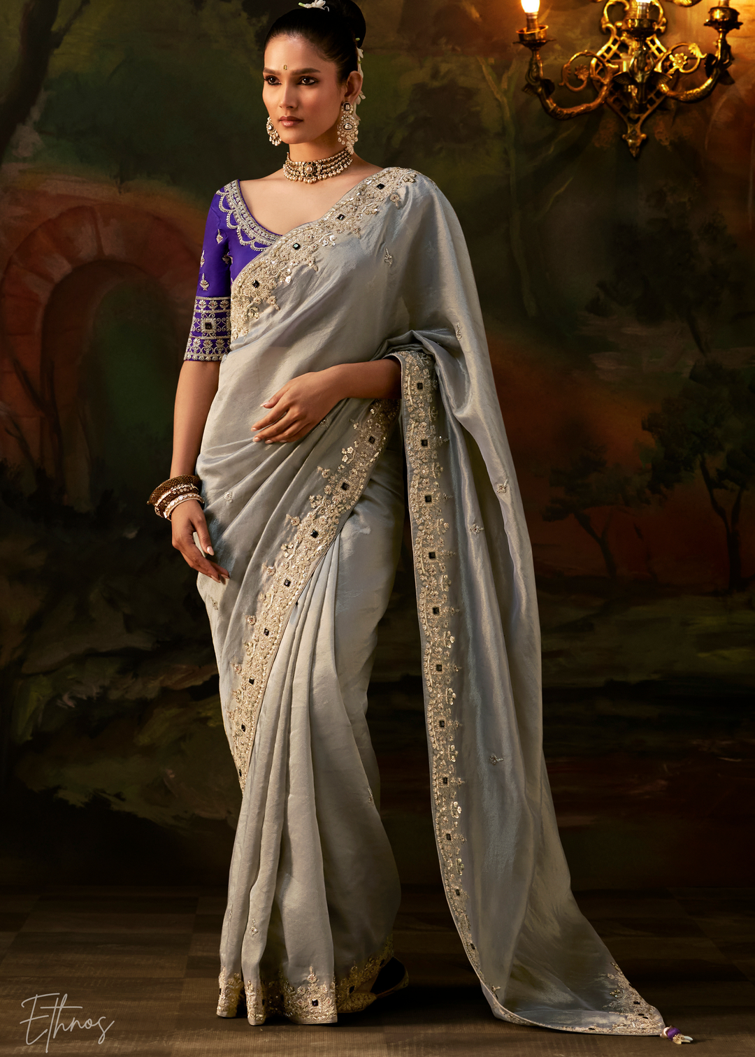 Mineral Silver Tambour Embroidered Border Tissue Saree