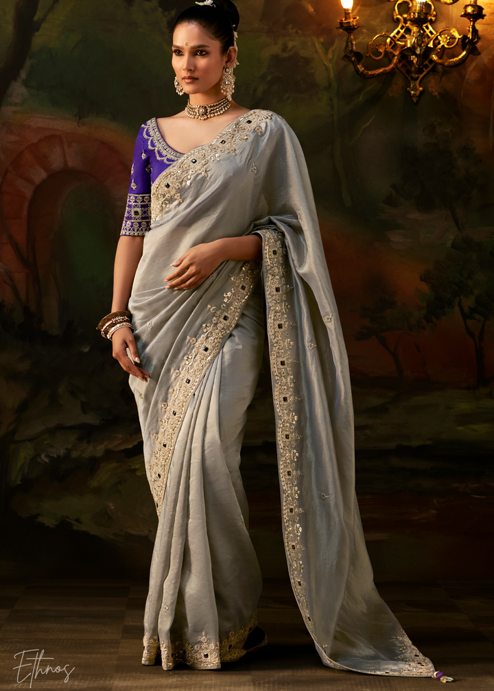 Mineral Silver Tambour Embroidered Border Tissue Saree