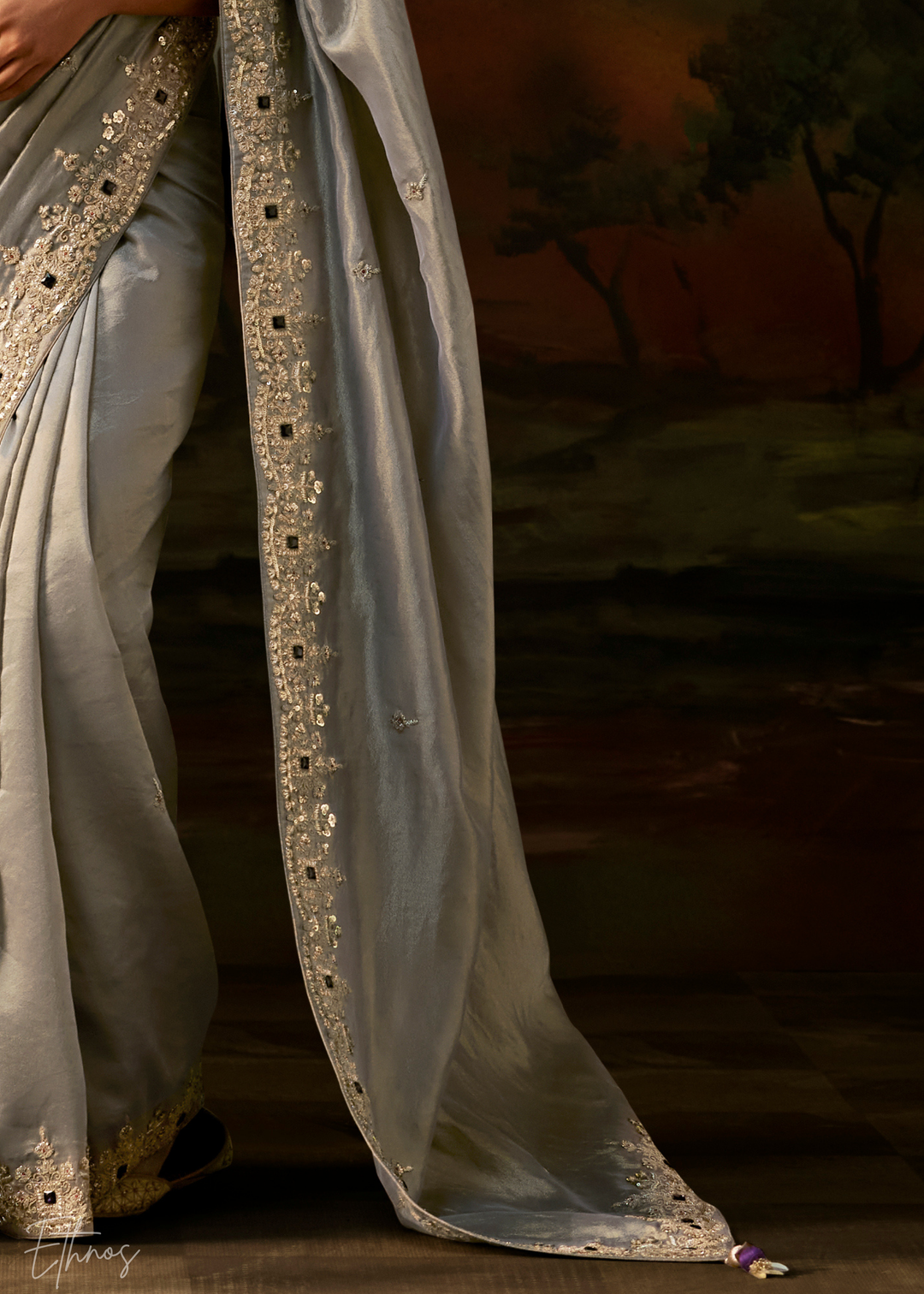 Mineral Silver Tambour Embroidered Border Tissue Saree