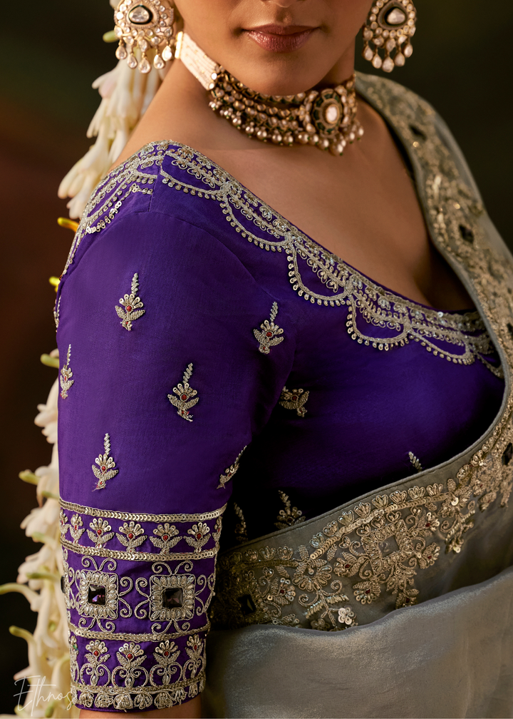 Mineral Silver Tambour Embroidered Border Tissue Saree