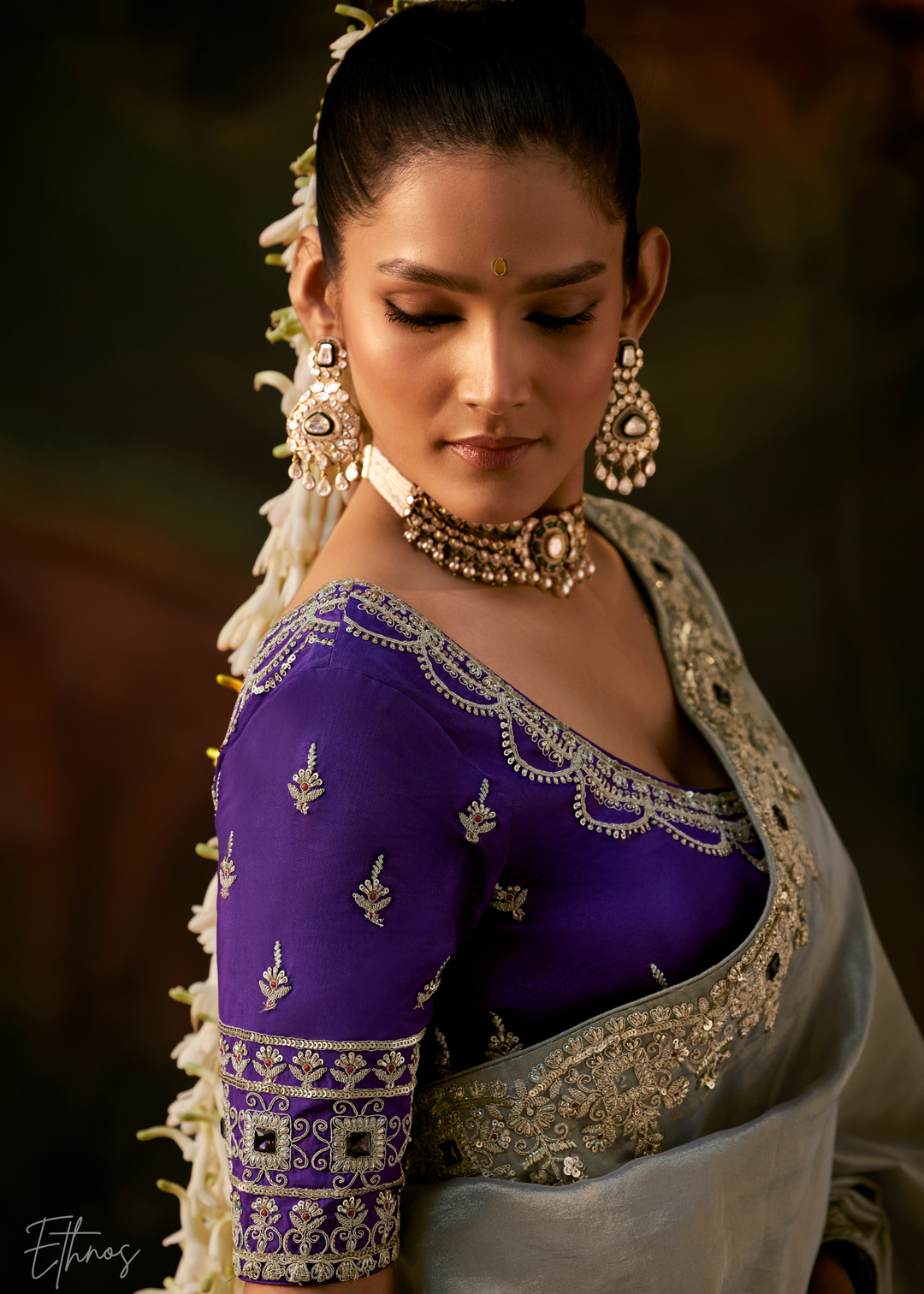 Mineral Silver Tambour Embroidered Border Tissue Saree