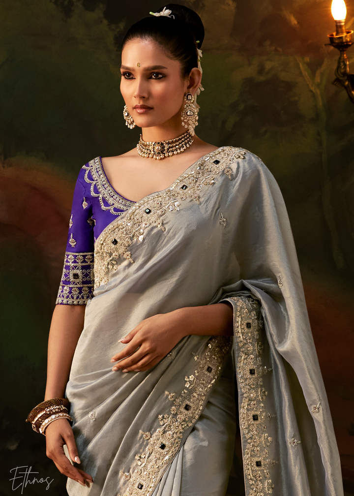 Mineral Silver Tambour Embroidered Border Tissue Saree