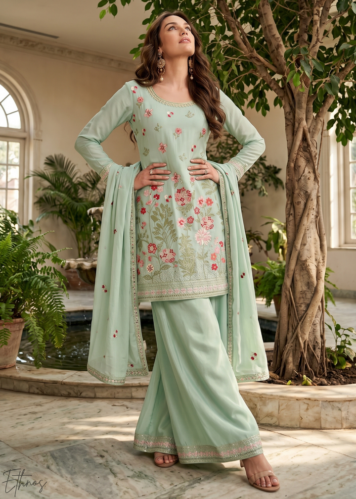 Mint Blossom-Bouquet Embroidered Chinon Palazzo Suit