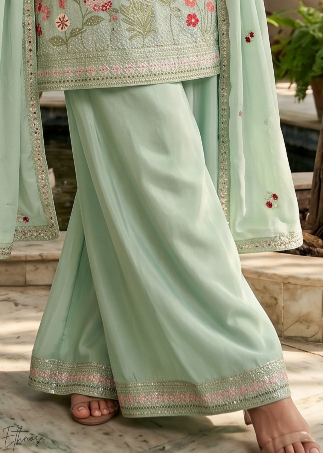 Mint Blossom-Bouquet Embroidered Chinon Palazzo Suit
