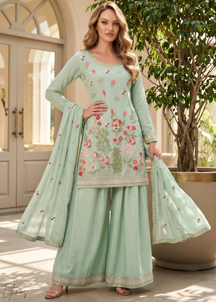 Mint Blossom-Bouquet Embroidered Chinon Palazzo Suit