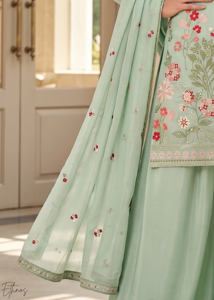Mint Blossom-Bouquet Embroidered Chinon Palazzo Suit