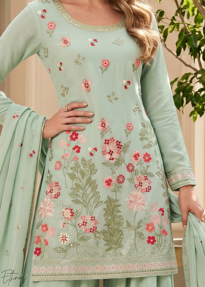 Mint Blossom-Bouquet Embroidered Chinon Palazzo Suit