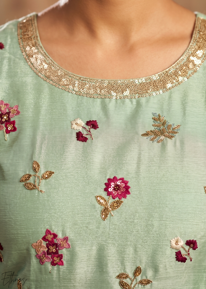 Mint Blossom-Bouquet Embroidered Chinon Palazzo Suit