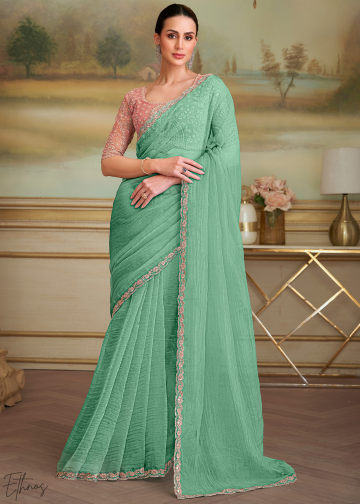 Mint Breeze Crinkle Tissue Georgette Saree