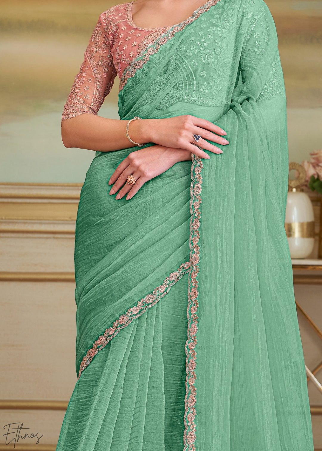 Mint Breeze Crinkle Tissue Georgette Saree