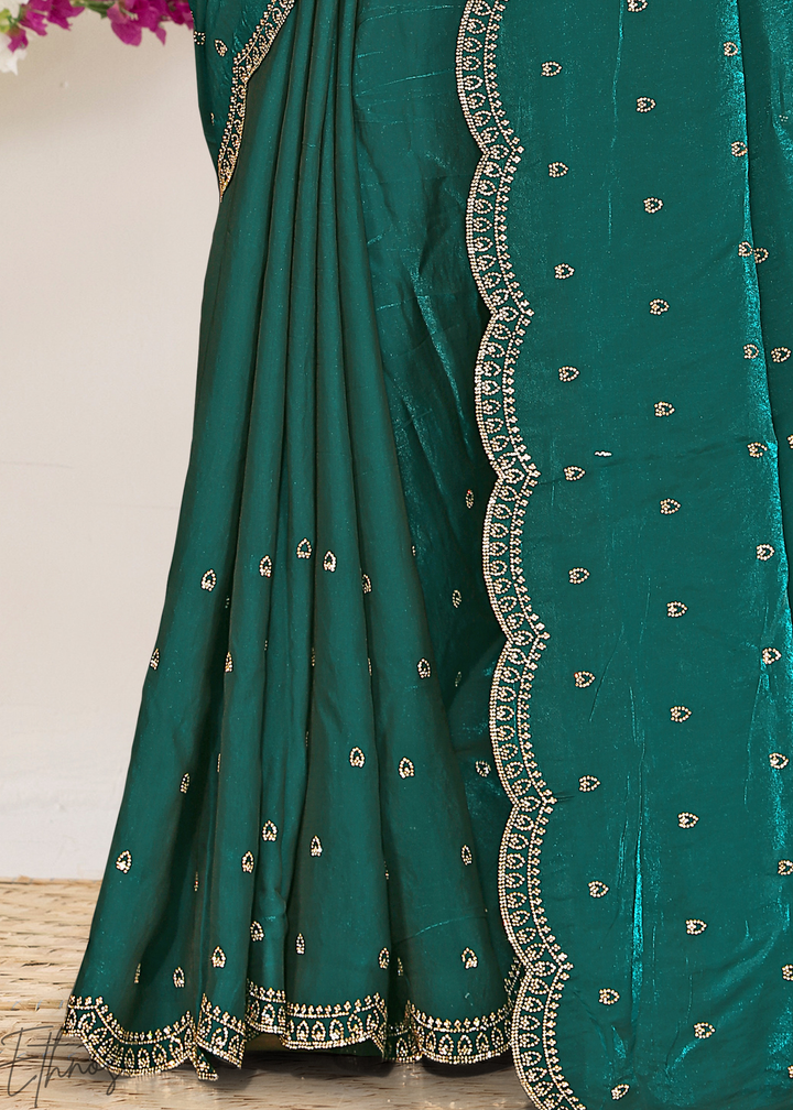 Mint Emerald Scallop Stippled Satin Silk Saree