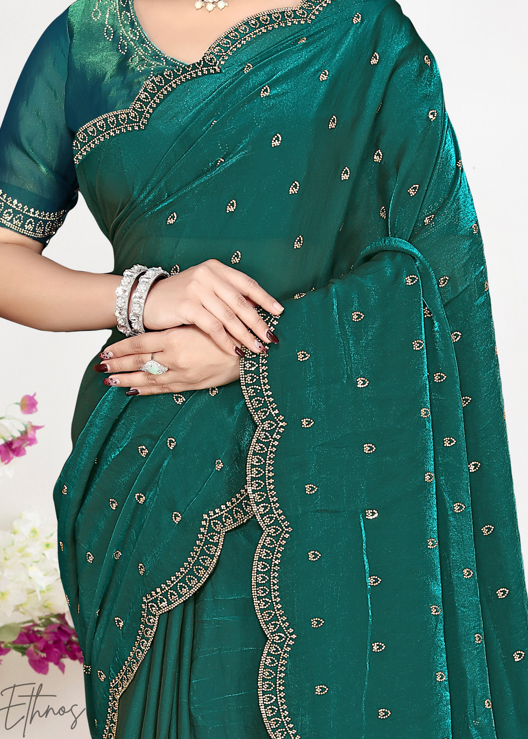 Mint Emerald Scallop Stippled Satin Silk Saree