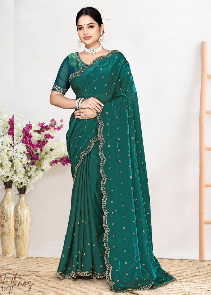 Mint Emerald Scallop Stippled Satin Silk Saree